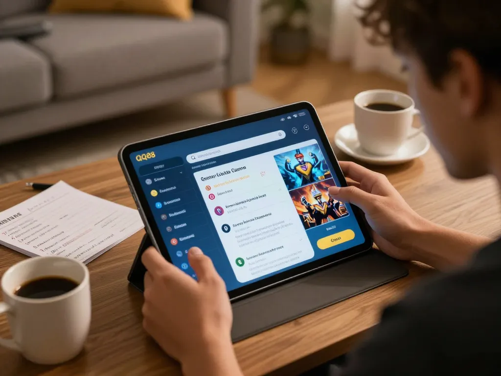 Player enjoying QQ88 app on tablet while engaging in responsible online gambling strategies.