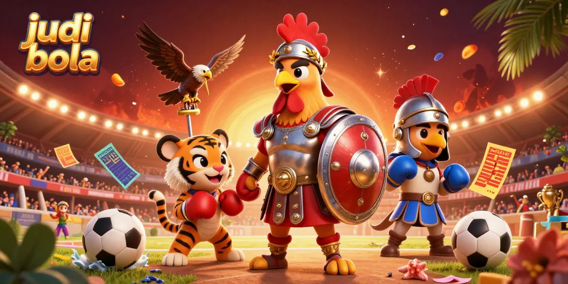 Experience the thrill of judi bola with a dynamic sports betting scene featuring a gladiator rooster, tiger cub, and eagle.