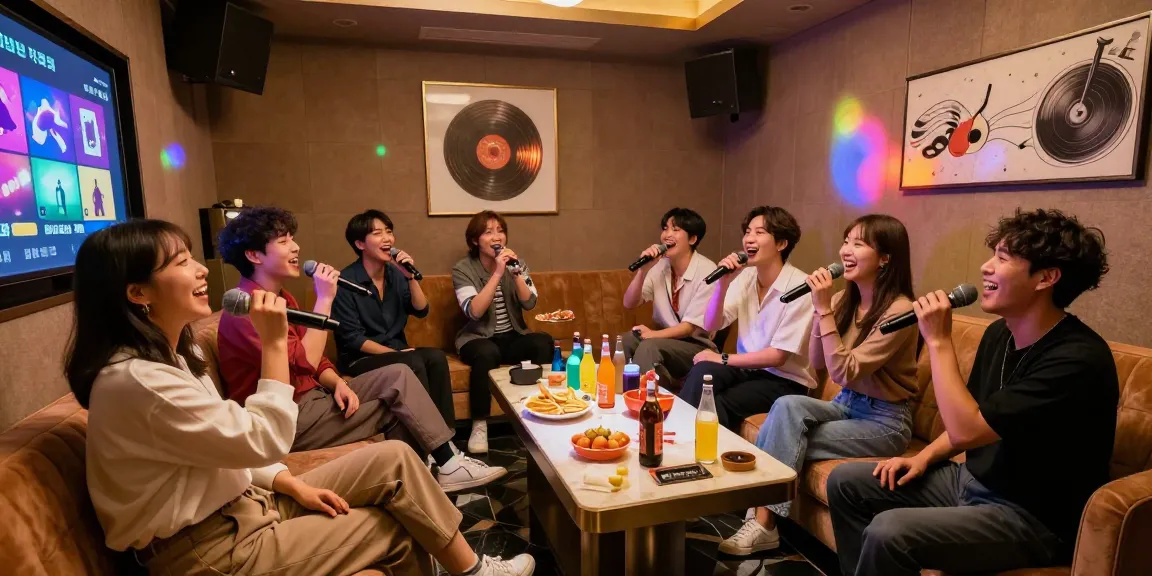 Fun group singing at 강남 엘리트 가라오케 private room with snacks and vibrant lighting.