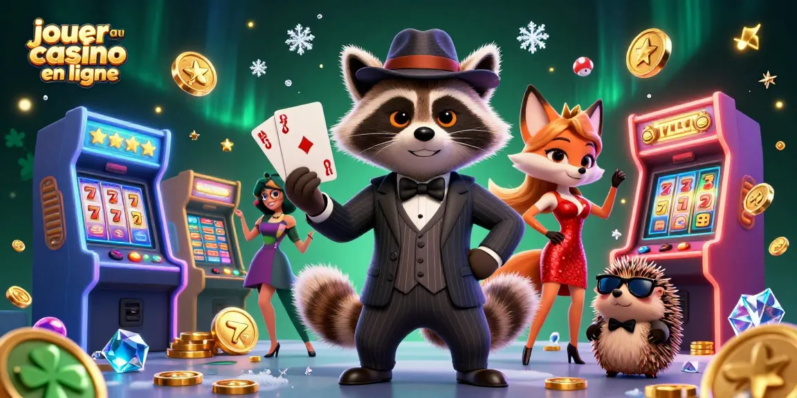 Jouez au casino en ligne avec style avec un raton laveur en costume et une renarde, entourés de machines à sous.