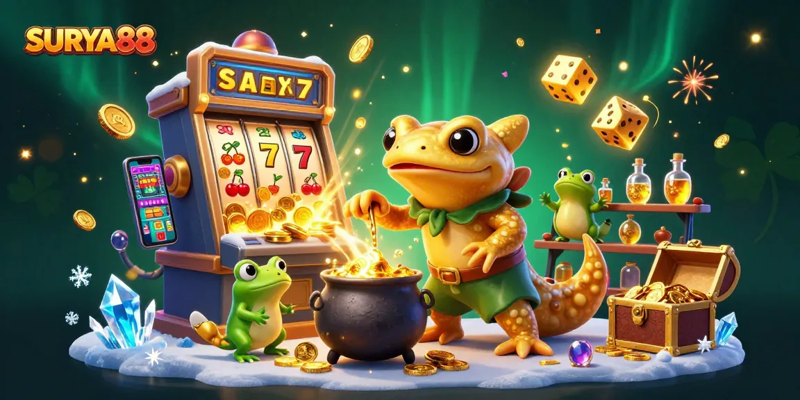 SURYA88 showcases a magical casino world with golden characters and vibrant slots bursting with winnings.