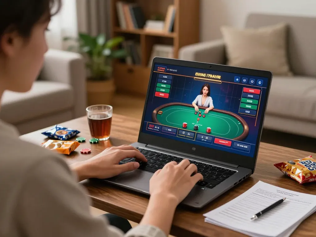 Engaging in online casino gameplay on laptop at home, experiencing 7hh's slots.