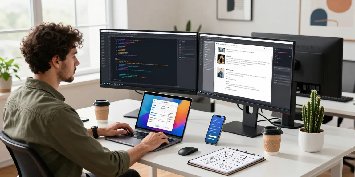 AI developer using an image to prompt generator in a modern office workspace.
