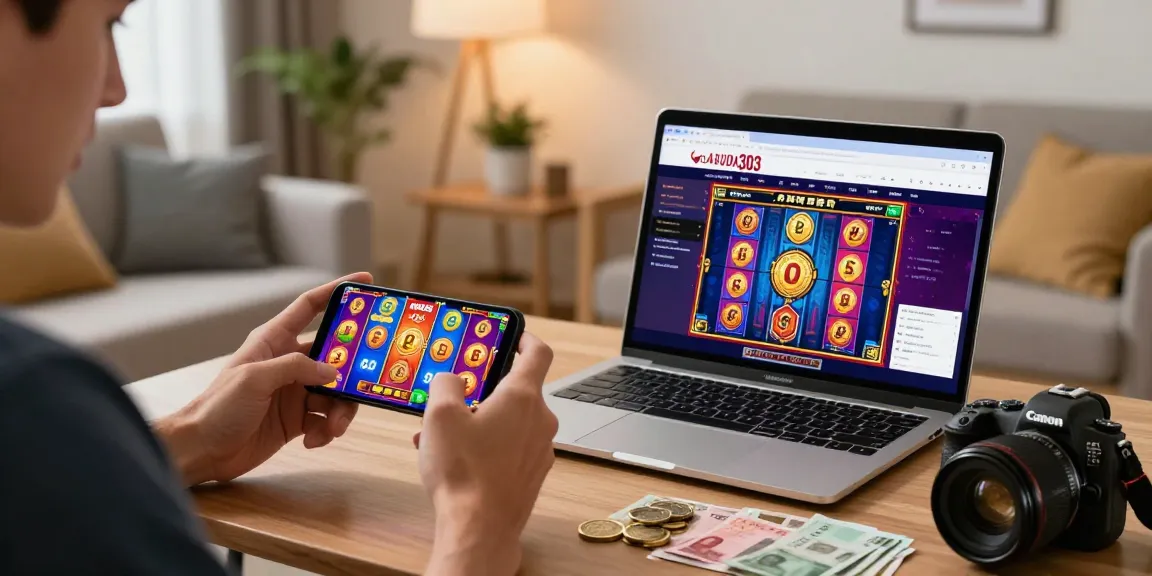 Engaged player enjoying slot deposit 1k experience on GARUDA303 platform in a cozy living room.