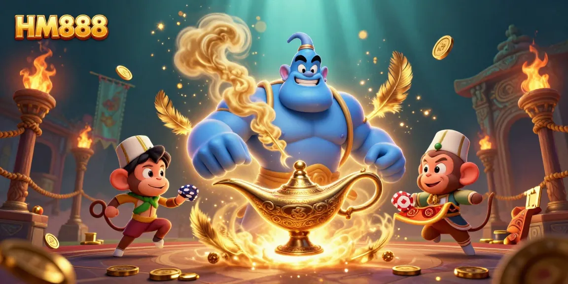 Experience the thrill of HM888 with a magical scene featuring a genie, monkey, and poker chips.