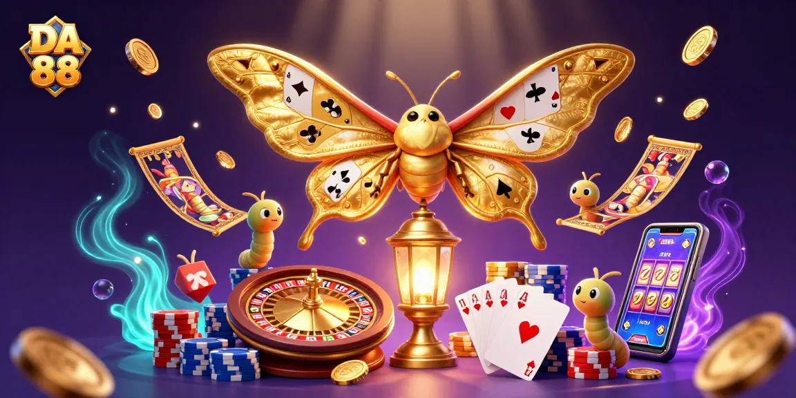 Experience DA 88 where an atlas moth reveals winning playing card suits amid cascading coins and vibrant casino elements.