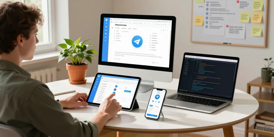 Engaging with telegram中文版 on multiple devices in a cozy home office, exemplifying seamless communication.