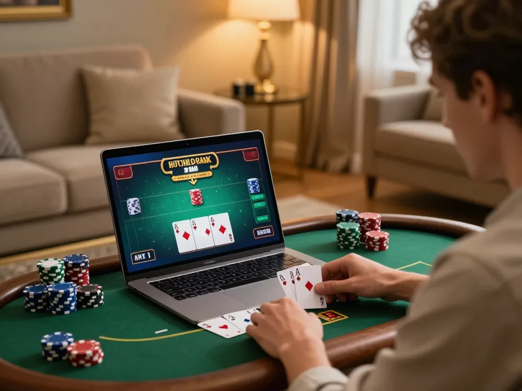Bags168 player engaging in an online poker game at home, showcasing digital chips and cards.