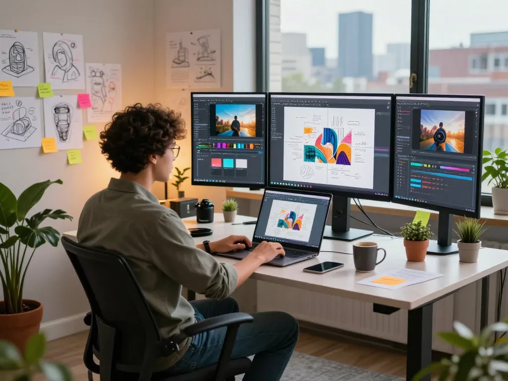 Creative workspace showcasing developer using Nano Banana 2 AI image editor, dual screens with generated images, and vibrant brainstorming materials.
