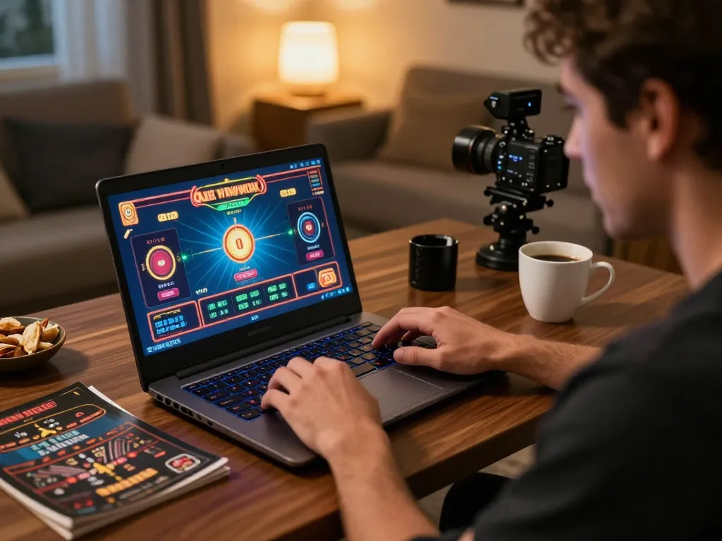 Player using betbet interface on laptop in cozy home setting, showcasing online gaming excitement.