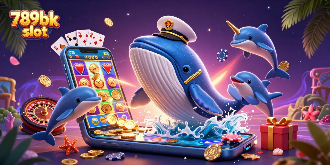 Engage with the vibrant 789bk slot adventure illustrated by a whimsical whale and playful dolphins amidst coins.