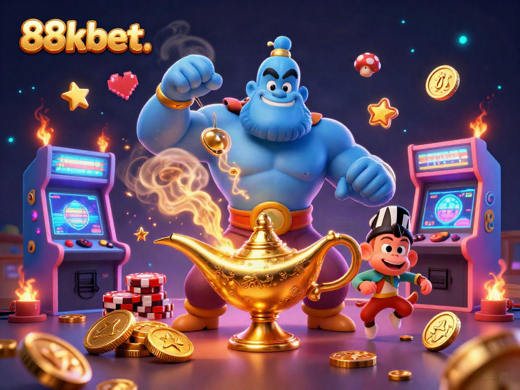 Engage in thrilling 88kbet. casino adventures featuring a genie, monkey, and poker chips.