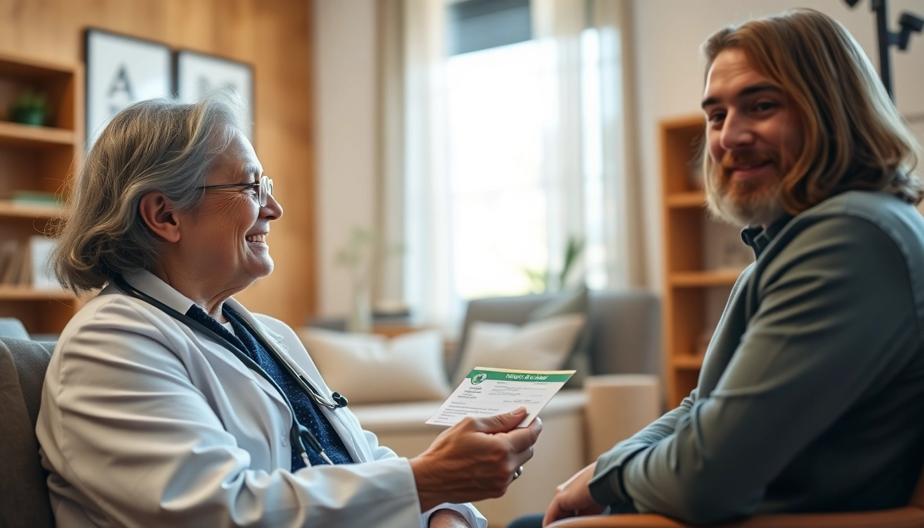 Consultation about a Medical marijuana card in a warm and inviting healthcare office.