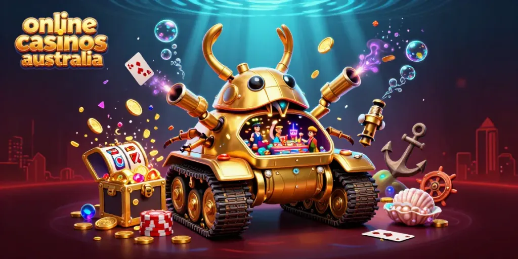 Experience the excitement of online casinos Australia with a vibrant, dynamic illustration showcasing golden jackpots and playful elements.