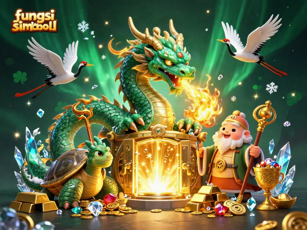 Gambaran fungsi simbol wild dalam permainan slot, menampilkan karakter naga dan tumpukan emas.