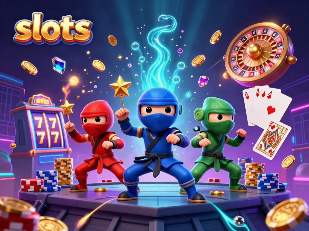 Engage with the exciting world of slots featuring vibrant chameleon ninjas and dazzling casino elements.