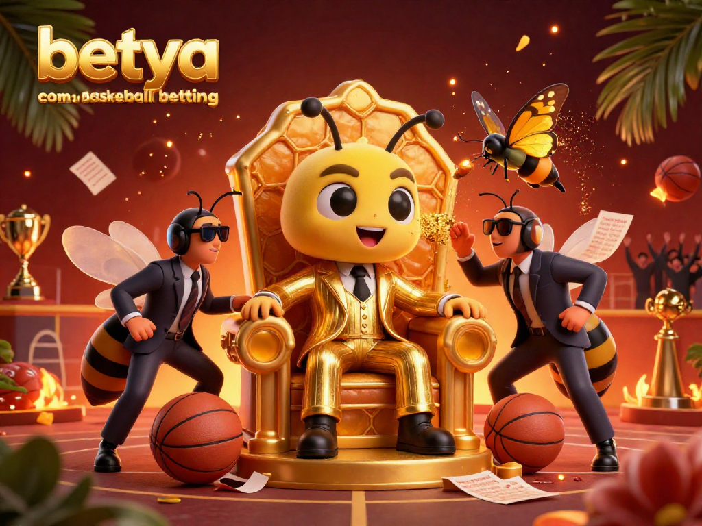 Engage in betya.com basketball betting with a vibrant scene featuring a mob boss bee at a dynamic betting spectacle.