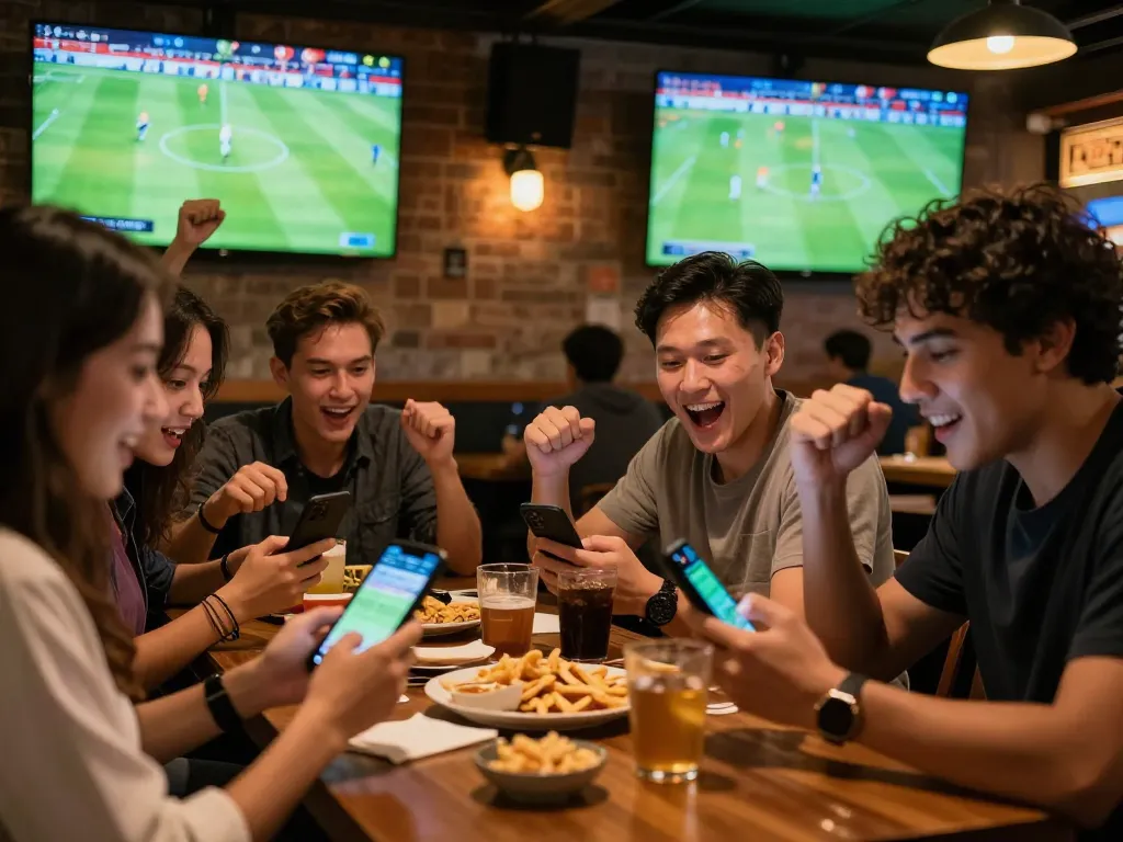Friends excitedly placing bets on kèo nhà cái hôm nay while watching live football.