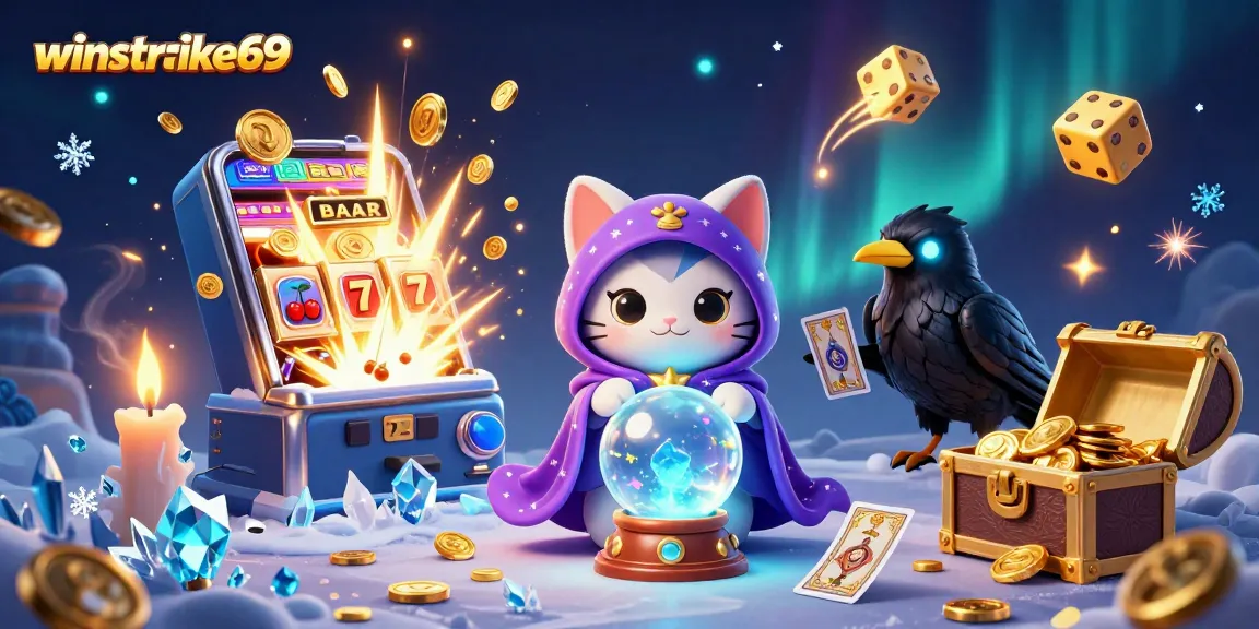 Winstrike69 gamblers winning with vibrant slot machines and mystical characters in a lively 3D scene.