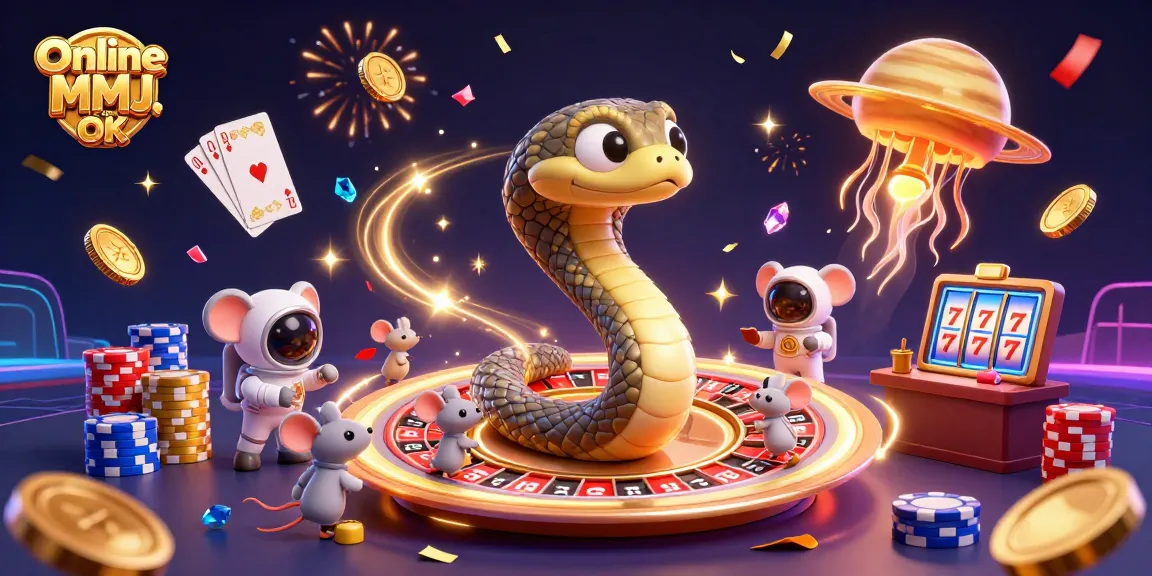 Place bets on a vibrant scene with the Online MMJ card OK featuring a cartoon Saturn snake and cosmic dealer elements.