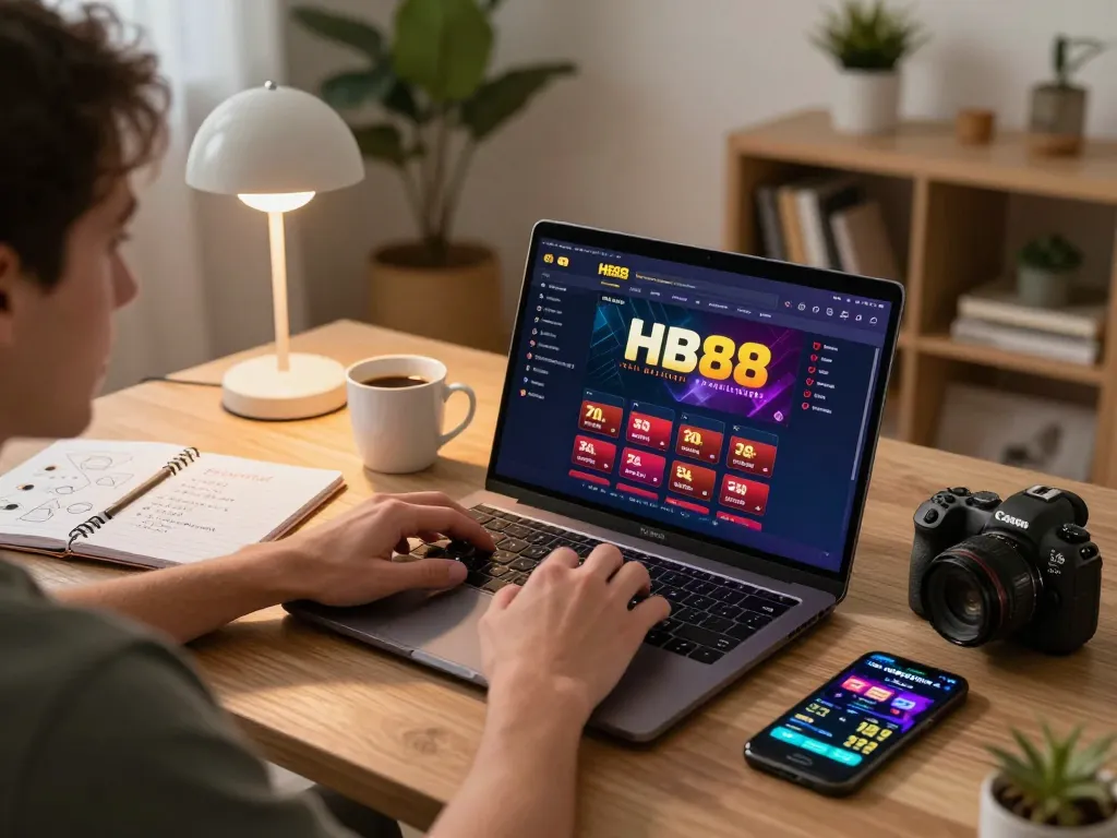Player engaging in HB88 online casino gaming at home, with strategy notes and betting apps visible.