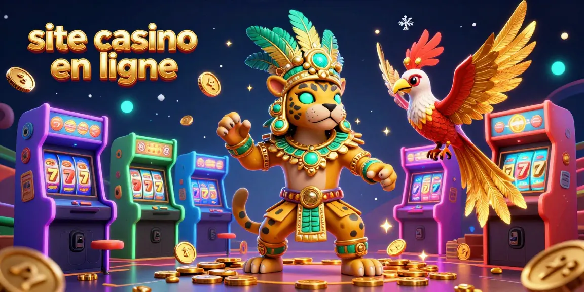 Venez plonger dans l'univers du site casino en ligne avec cette illustration captivante mettant en valeur des éléments de machines à sous et un prêtre jaguar.