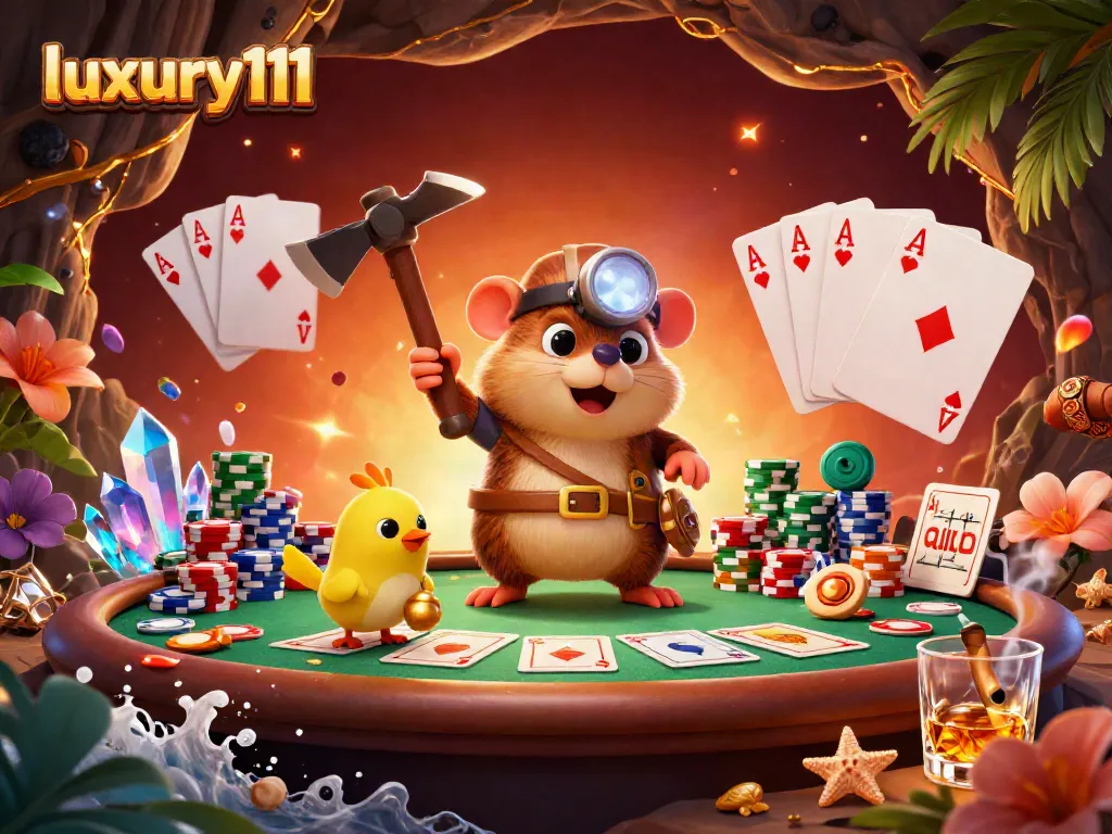 Engage in thrilling gaming at luxury111 with a treasure hunter mole and poker elements in an animated scene.