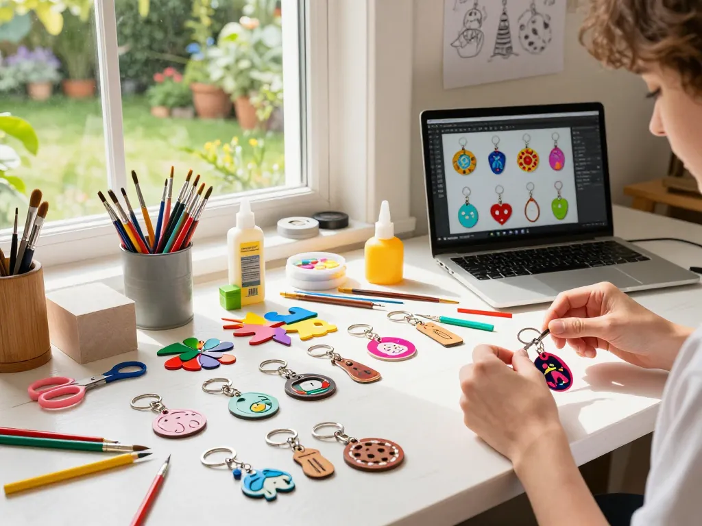 Creative workspace designing keychain custom art with colorful materials and tools.