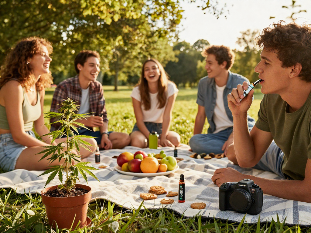 Enjoying cookies thc vape in a joyful park setting with friends, showcasing premium vape and healthy snacks, natural wellness atmosphere.