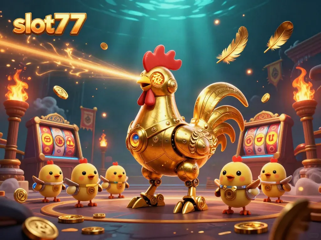 Permainan slot777 menampilkan robot ayam keemasan dan drone anak ayam dalam suasana kasino yang meriah.