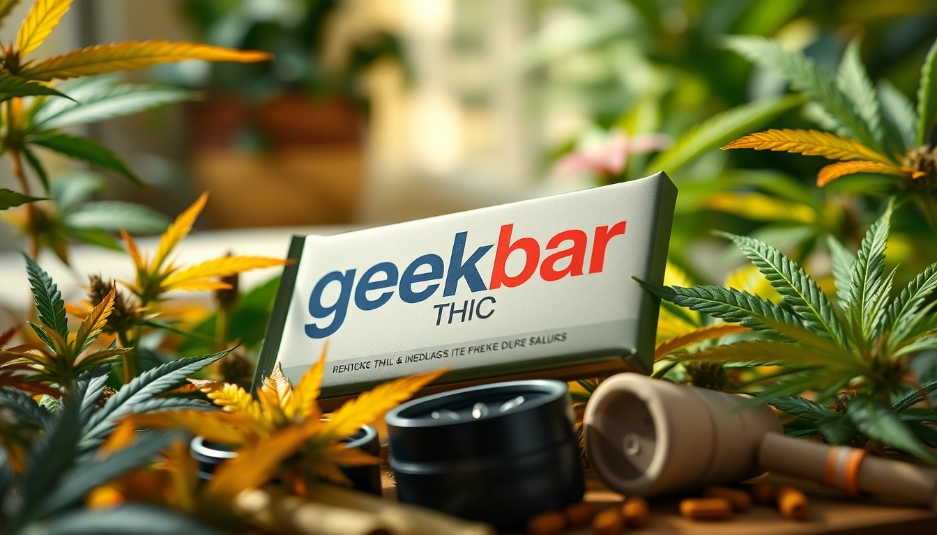 Showcase geek bar thc with striking packaging and surrounding accessories in a vibrant setting.