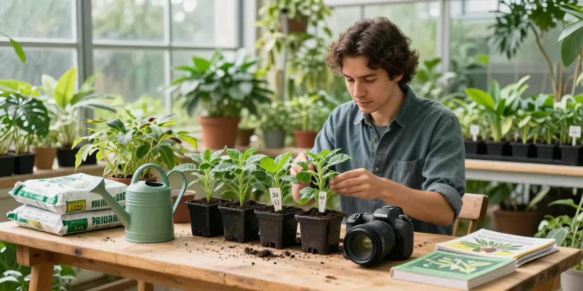 Salvia Divinorum cuttings displayed in a greenhouse, showcasing healthy plants and gardening tools.