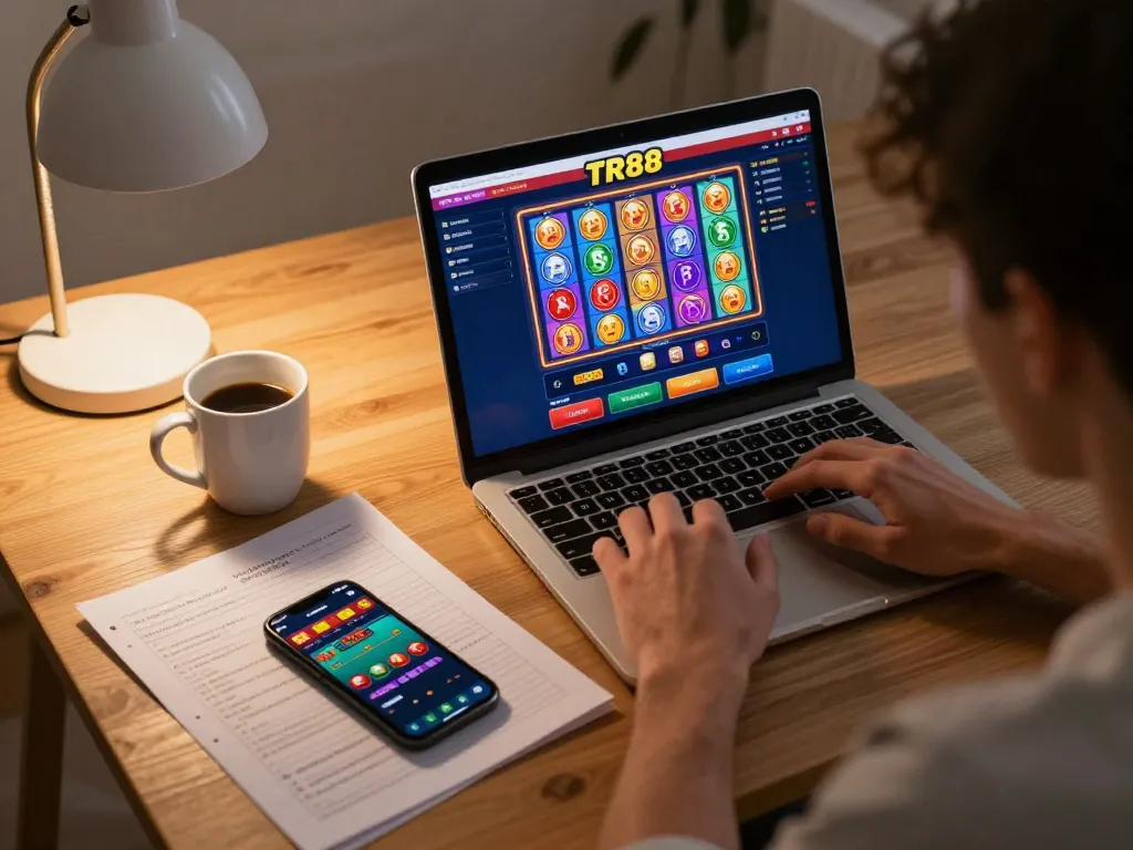 Player engaging with TR88 online casino on laptop, illustrating strategic gaming in a cozy home setup.
