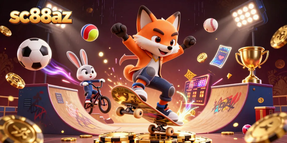 Experience the thrill of sc88az as the skateboarder fox flips over golden poker chips with vibrant casino elements.