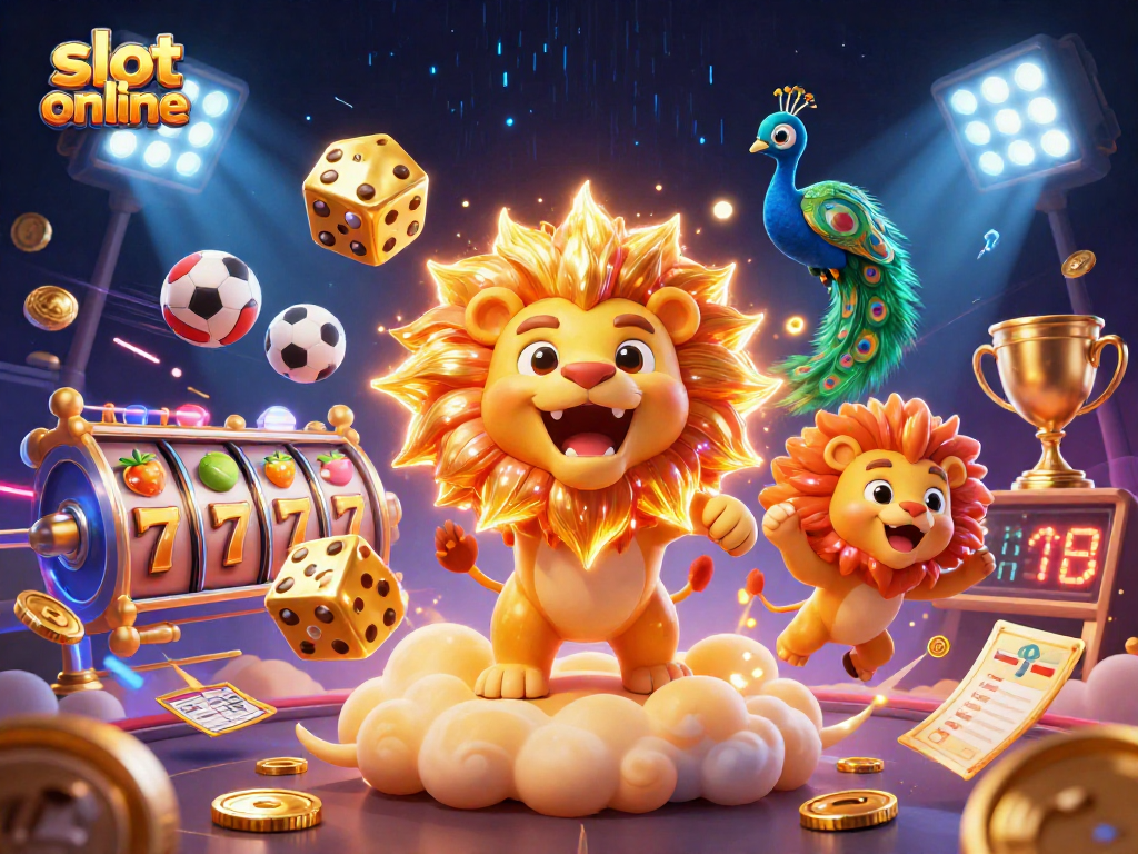 Experience thrilling slot online action with a dazzling 3D lion, golden dice, and exhilarating game elements.