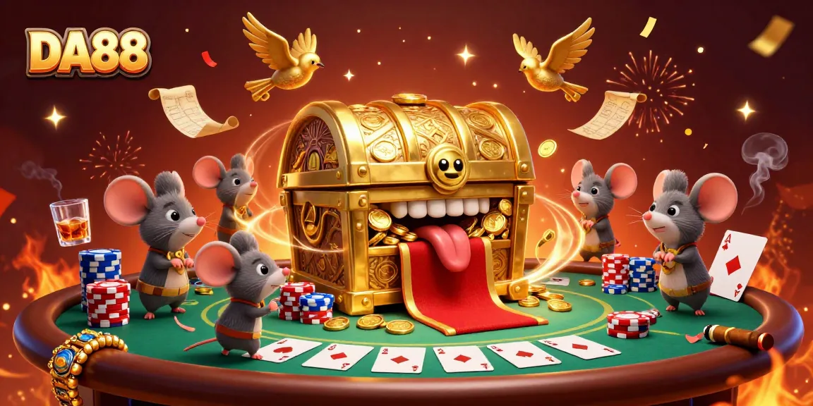 Engage with DA88's animated poker scene showcasing a treasure chest and vibrant gambling elements.