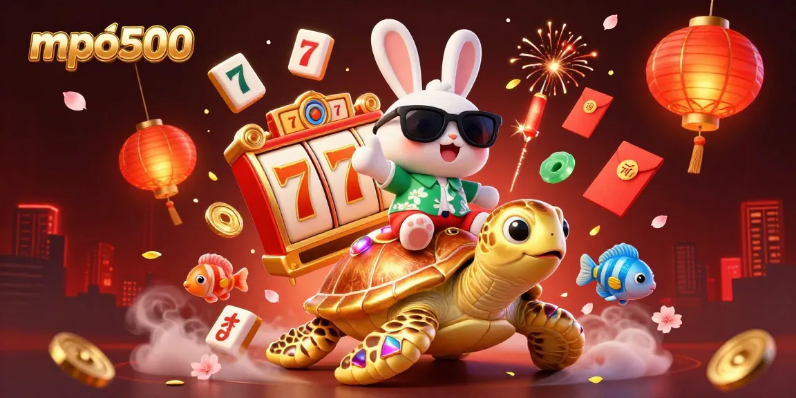 Mpo500 offers a captivating casino experience with vibrant visuals, showcasing a lucky rabbit and golden sea turtle.