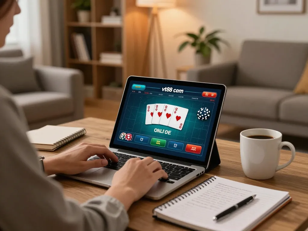 Engaging with the vt88 com online casino, a player strategizes with tablets and notebooks.