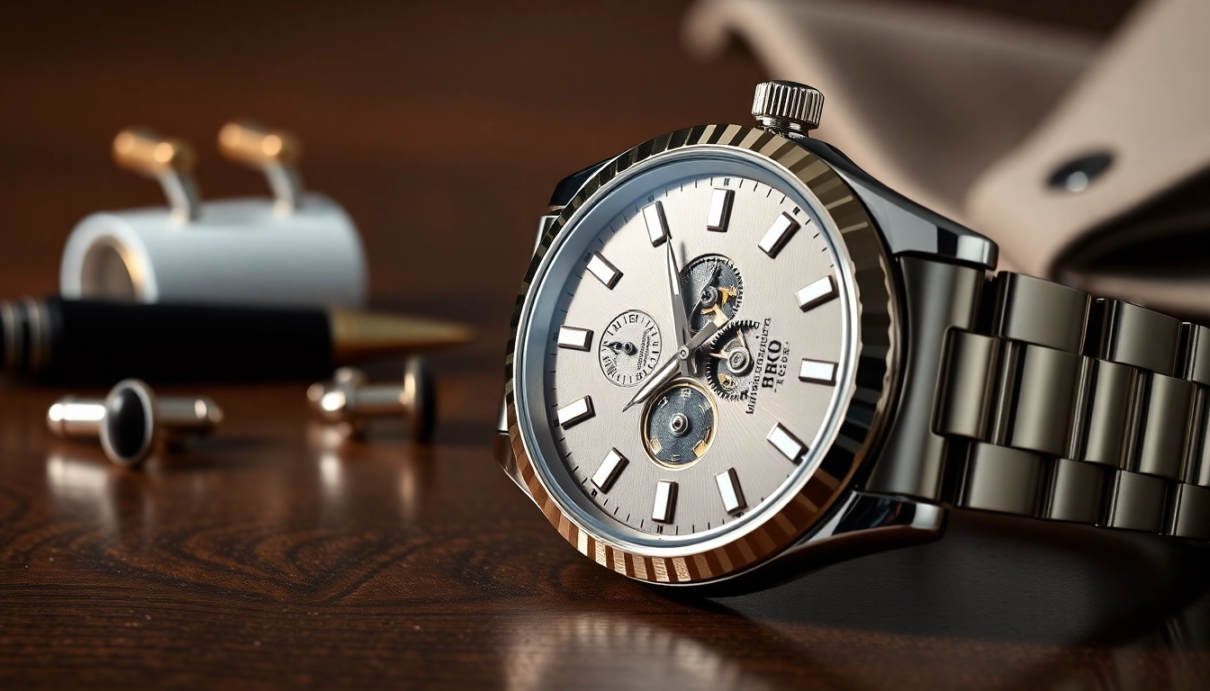 Showcase the exquisite details of a rolex replica watch against a dark wooden backdrop.
