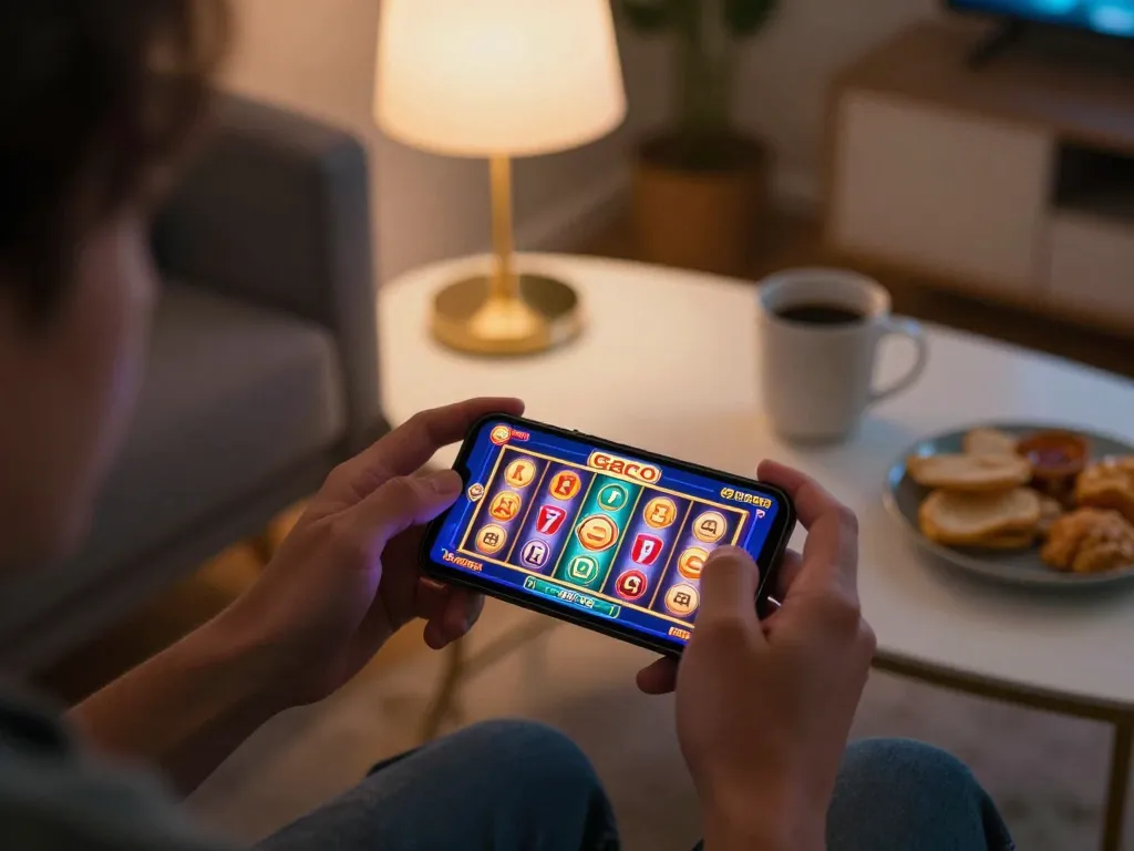 Engaging mobile slot gaco gameplay featuring a colorful smartphone screen with spinning reels in vibrant home setting.