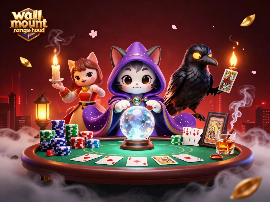 Win with the wall mount range hood: Mystical casino scene featuring fortune teller cat and poker elements.