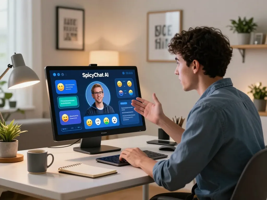 Engaging interaction with SpicyChat AI in a cozy tech office, highlighting user experience and connection.