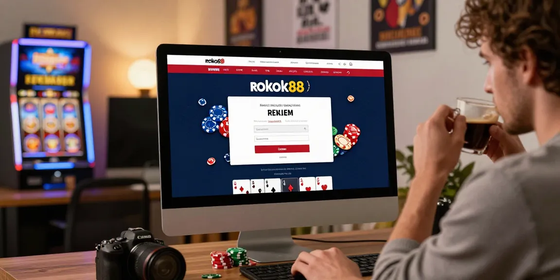 rokok88 login interface displayed by a user in a cozy gaming workspace, embodying a vibrant online gambling scene.