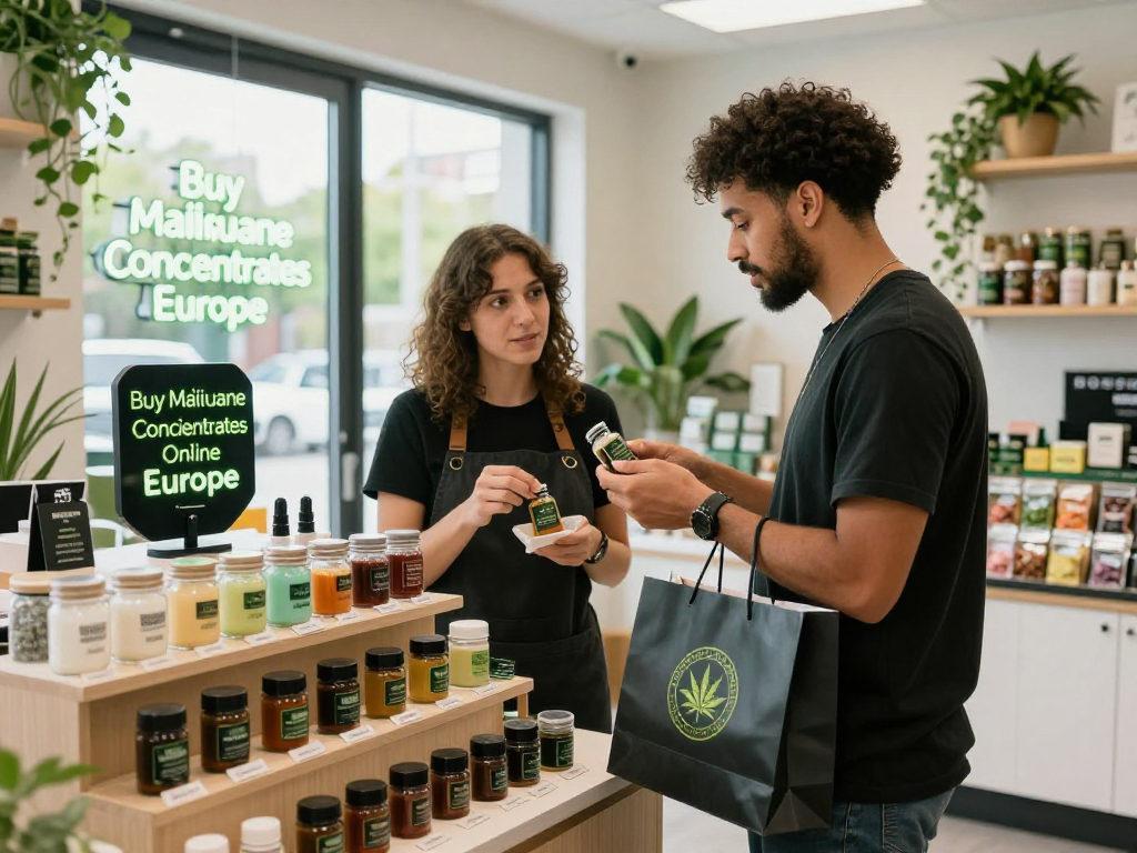Buy Marijuana Concentrates Online Europe featuring a cannabis dispensary scene with jars of concentrates and a customer exploring products.