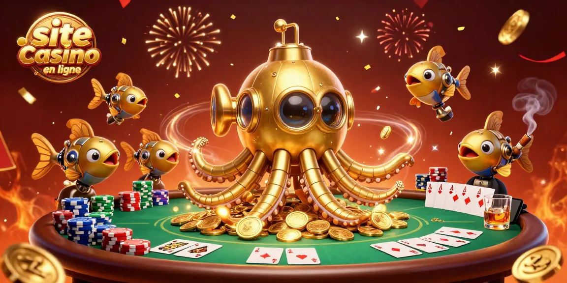 Jouez sur un site casino en ligne avec un kraken doré et des jetons inondant l'espace.