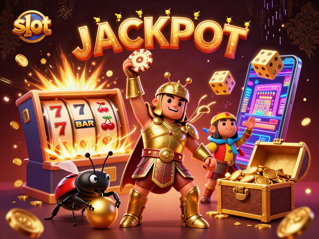 Experience the thrill of slot machines with a victorious beetle lifting a poker chip in this vibrant scene.