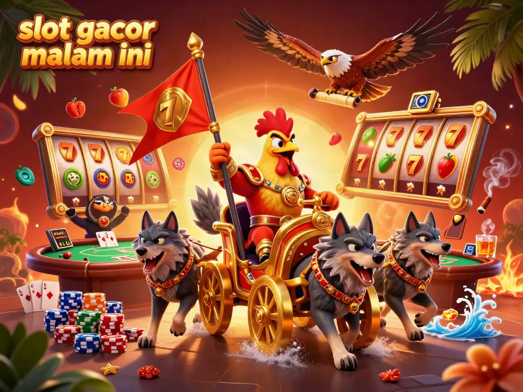 Visualisasi karakter berani dalam permainan slot gacor malam ini, menampilkan simbol keberuntungan dan nuansa kasino.