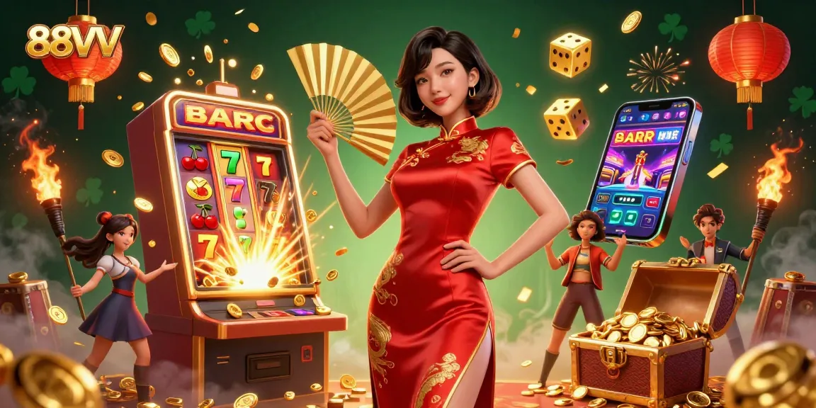 88VV showcases thrilling moments with a radiant character and dynamic casino elements in a vibrant setting.
