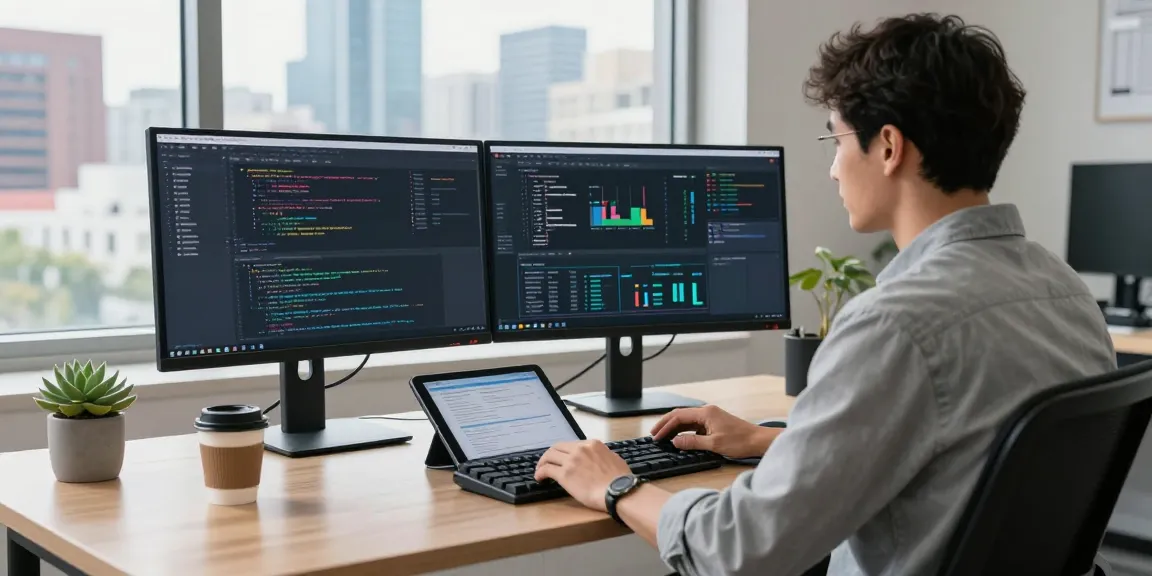 Developer at a tech workspace, coding on dual monitors with open claw AI application displayed.