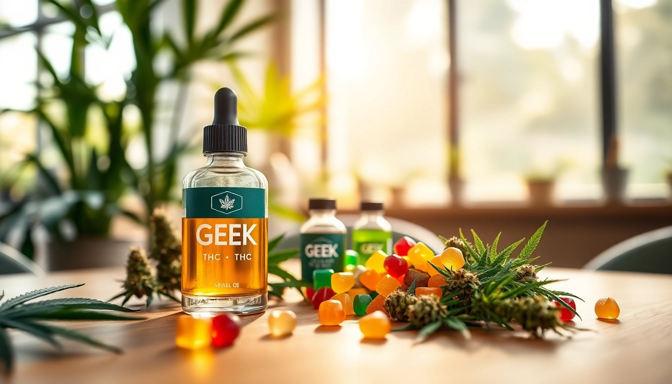 Engaging display of GEEK THC-infused products showcasing vibrant edibles and oils.